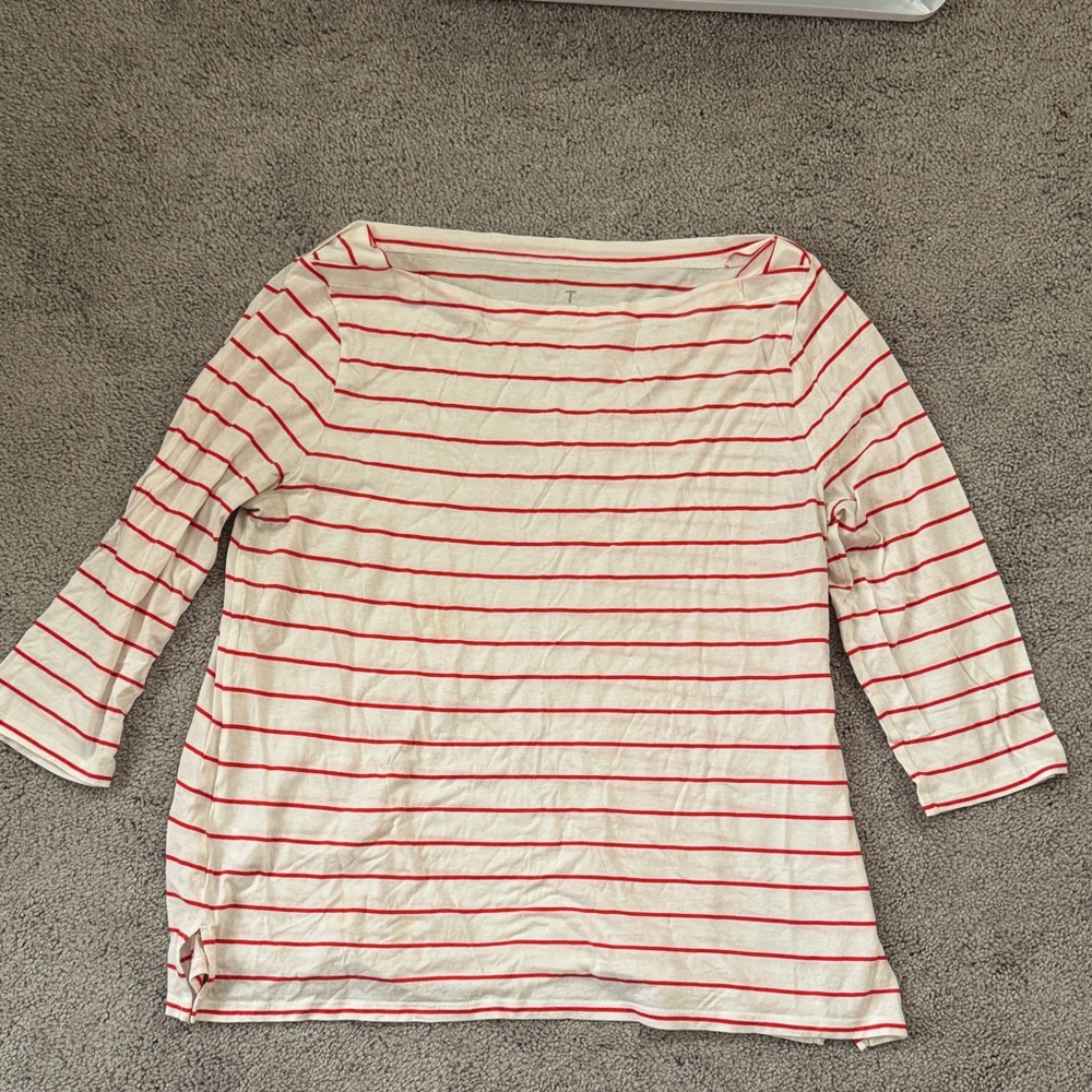 LOFT Red and Cream Striped Long Sleeve Top